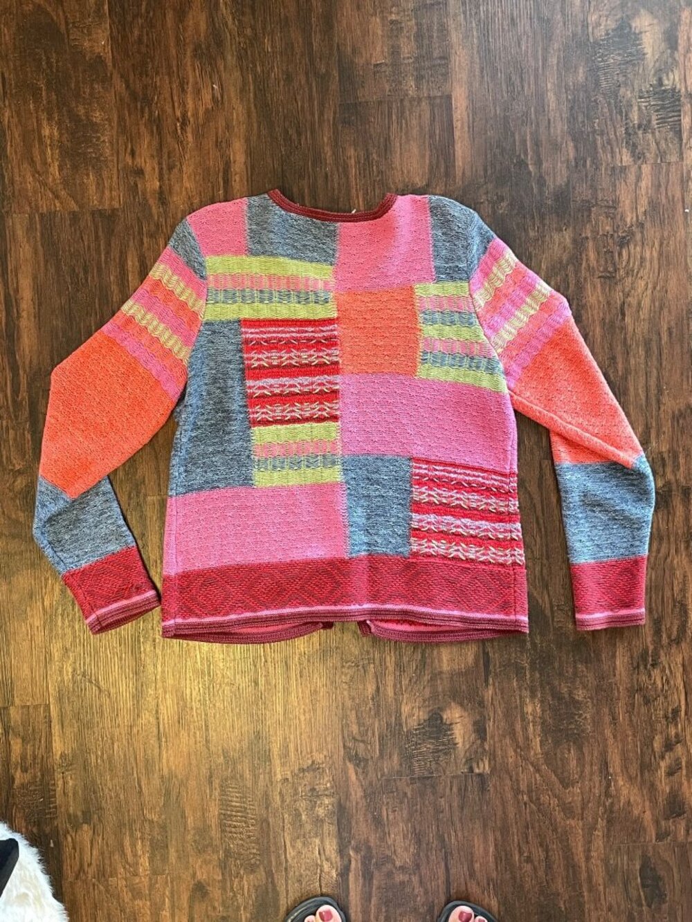 Vintage 1990s Colorful Hand Knit Patchwork Embroidered 3D Knit Cardigan Sweater - Picture 10 of 13